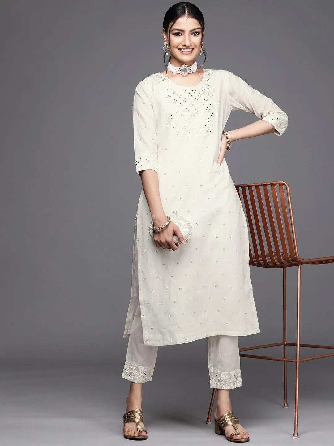 Off White Yoke Design Cotton Kurta - Libas