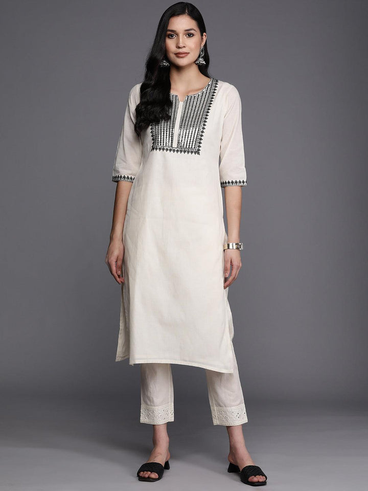 Off White Printed Cotton Straight Kurta - Libas