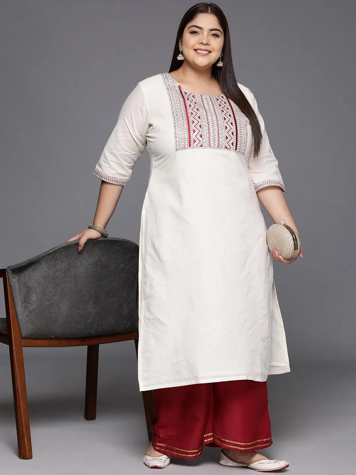 Off White Yoke Design Cotton Straight Kurta - Libas