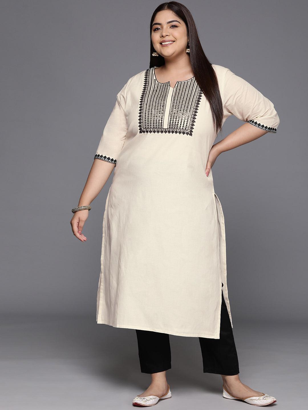 Off White Yoke Design Cotton Straight Kurta - Libas