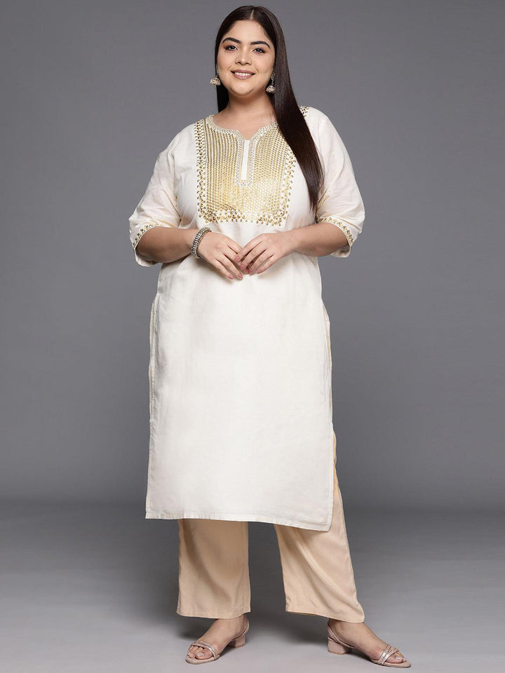 Off White Yoke Design Cotton Straight Kurta - Libas