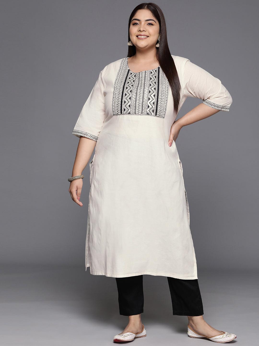 Off White Yoke Design Cotton Straight Kurta - Libas