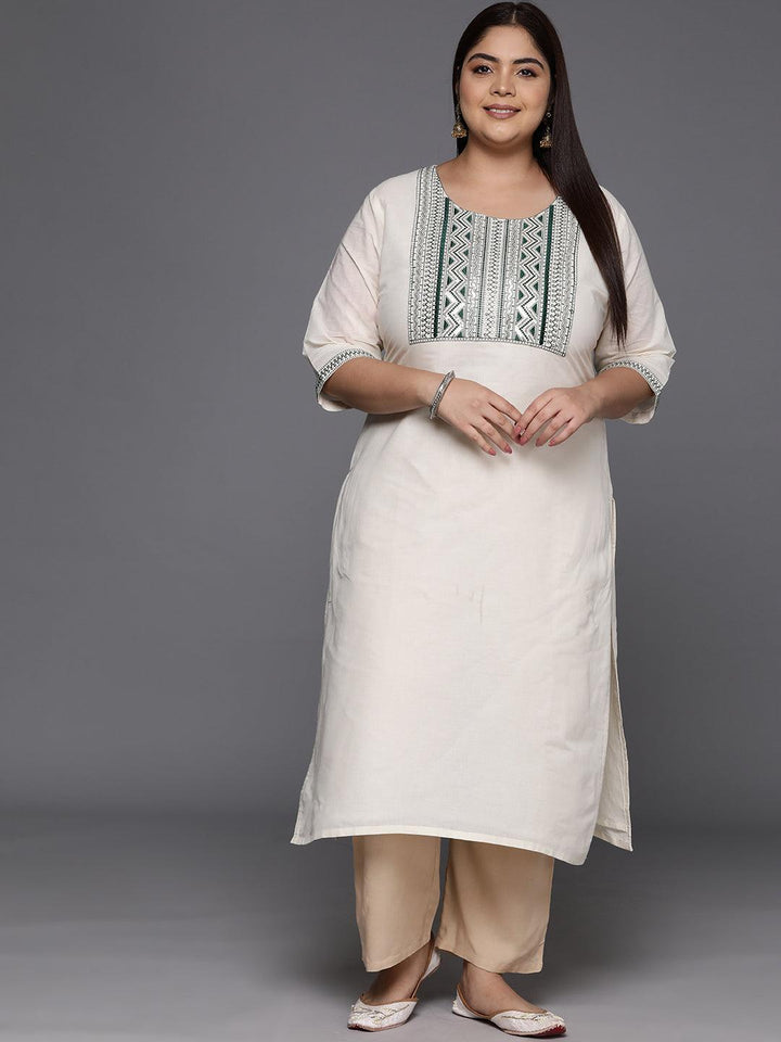 Off White Yoke Design Cotton Straight Kurta - Libas