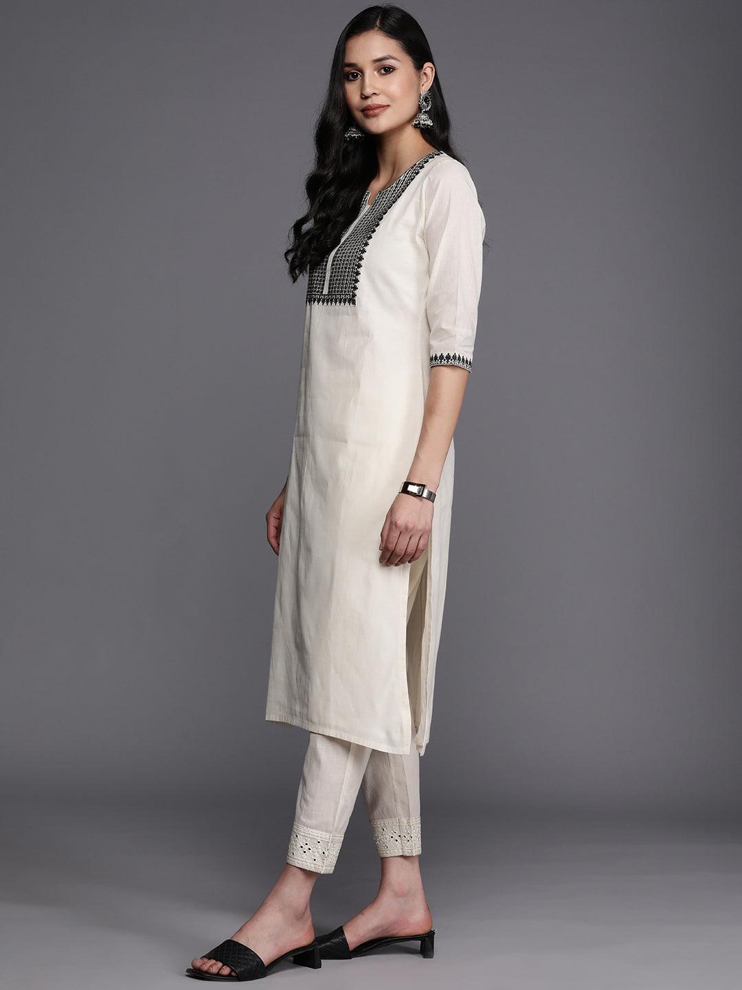 Off White Printed Cotton Straight Kurta - Libas 