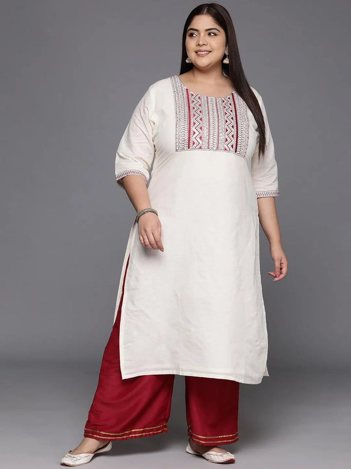 Off White Yoke Design Cotton Straight Kurta - Libas