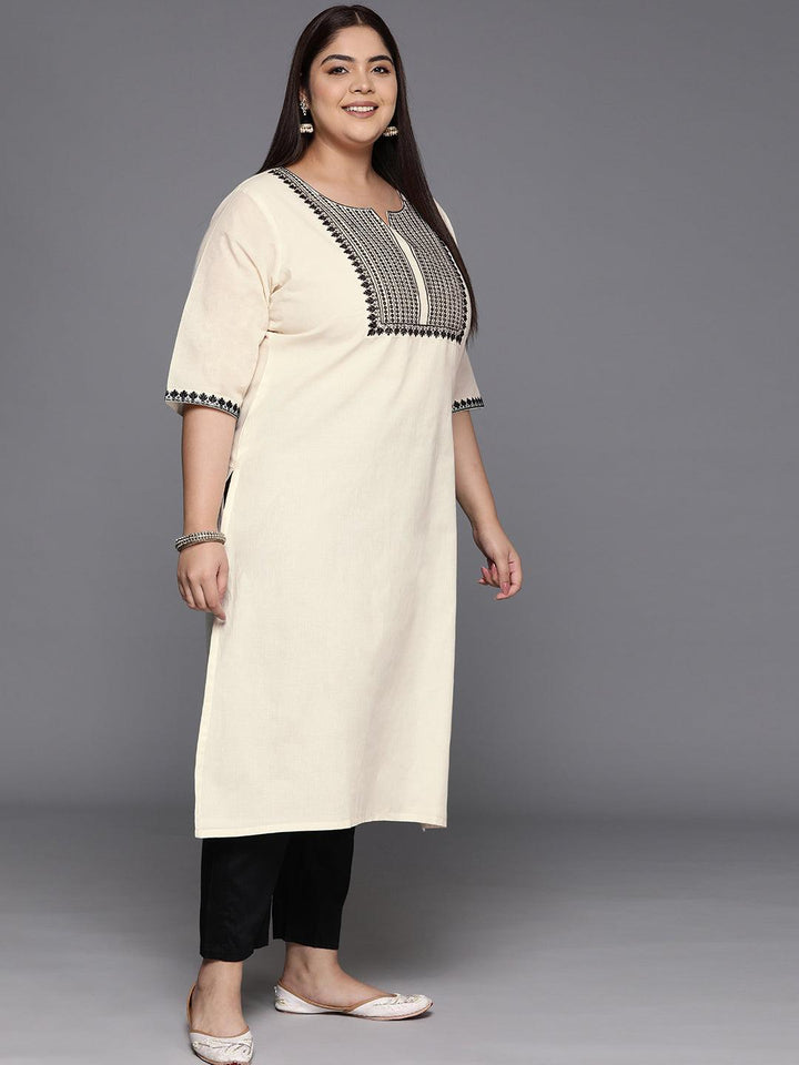 Off White Yoke Design Cotton Straight Kurta - Libas