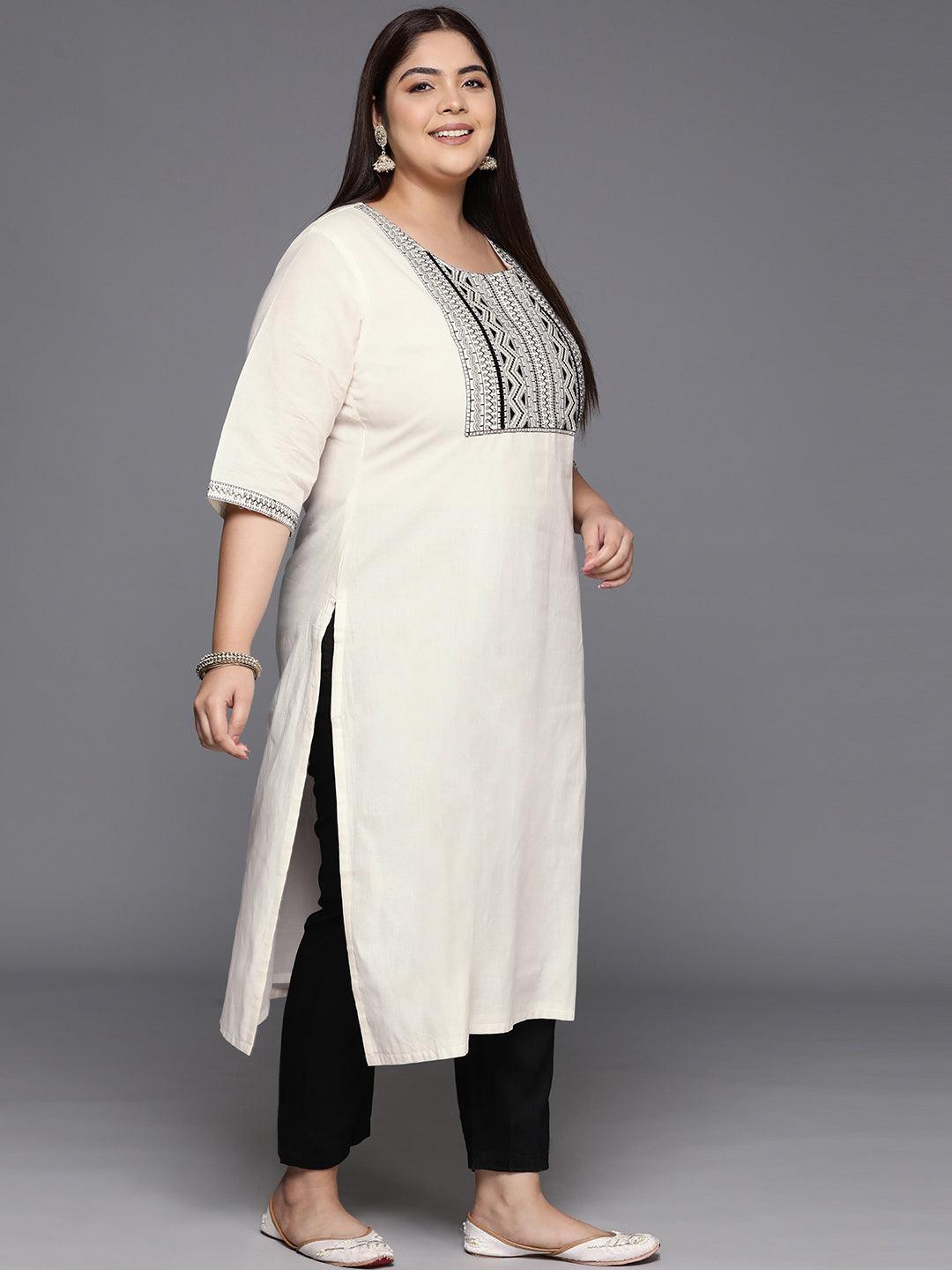 Off White Yoke Design Cotton Straight Kurta - Libas