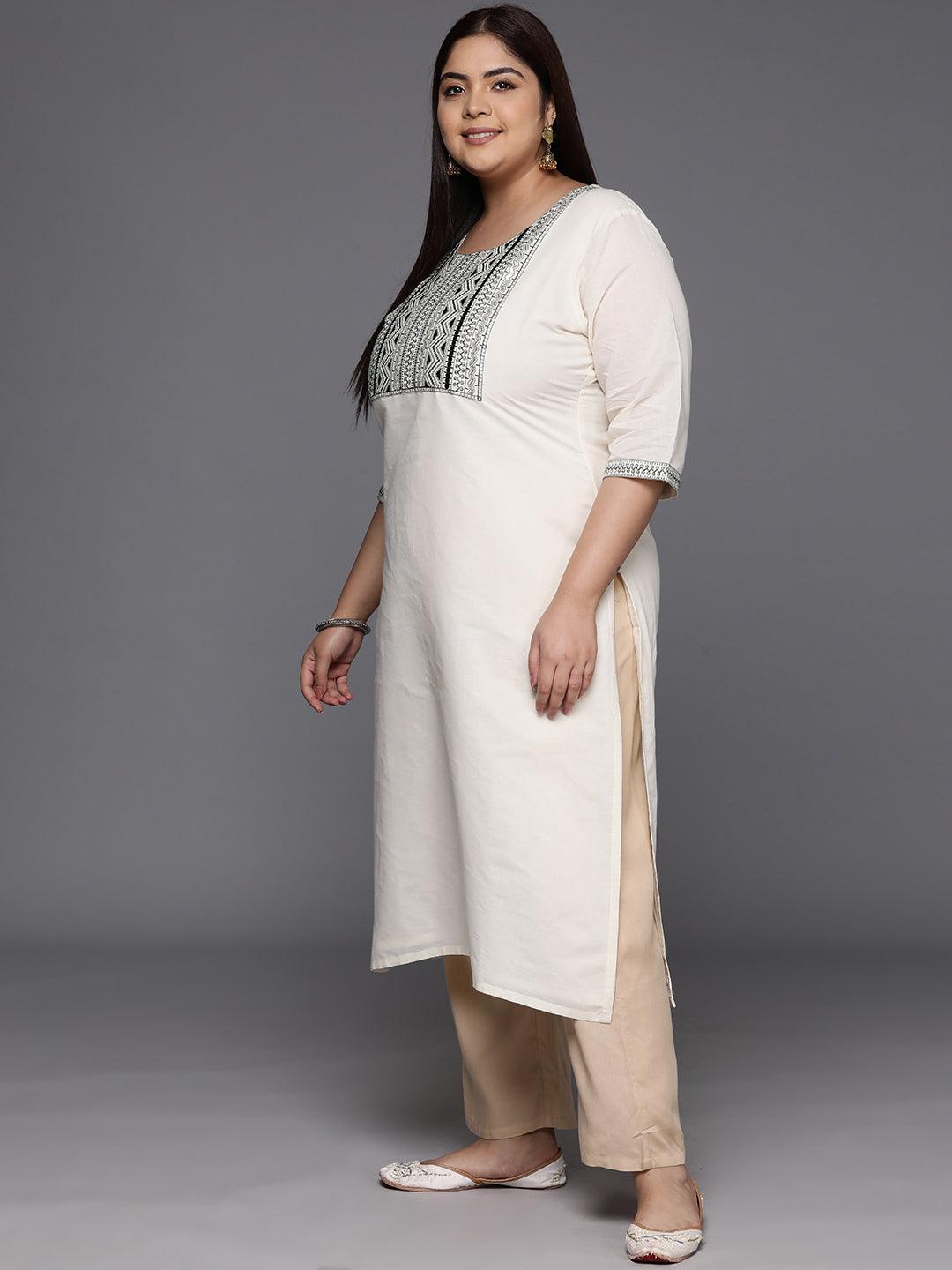 Off White Yoke Design Cotton Straight Kurta - Libas