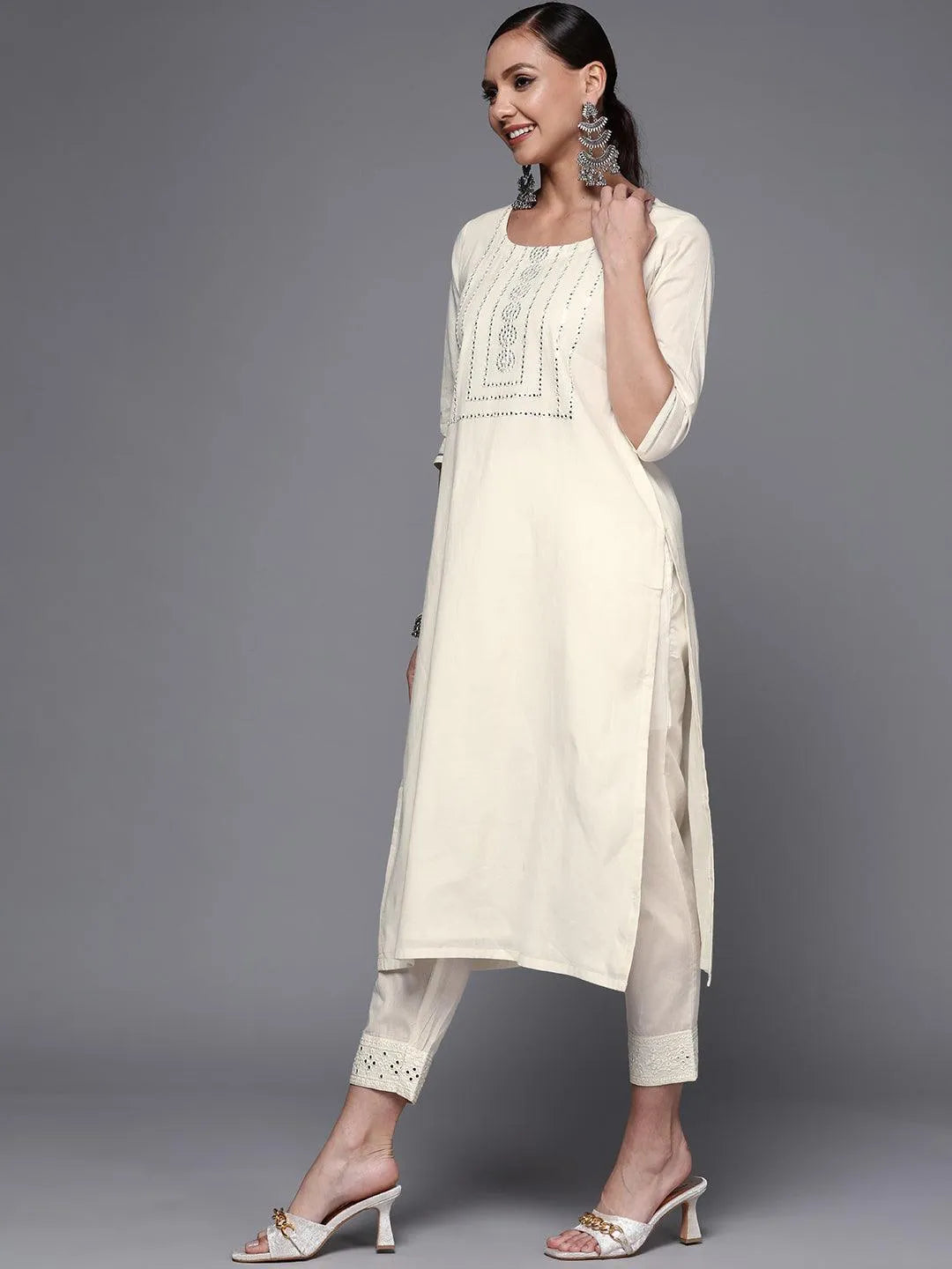 Off White Yoke Design Cotton Straight Kurta - Libas 