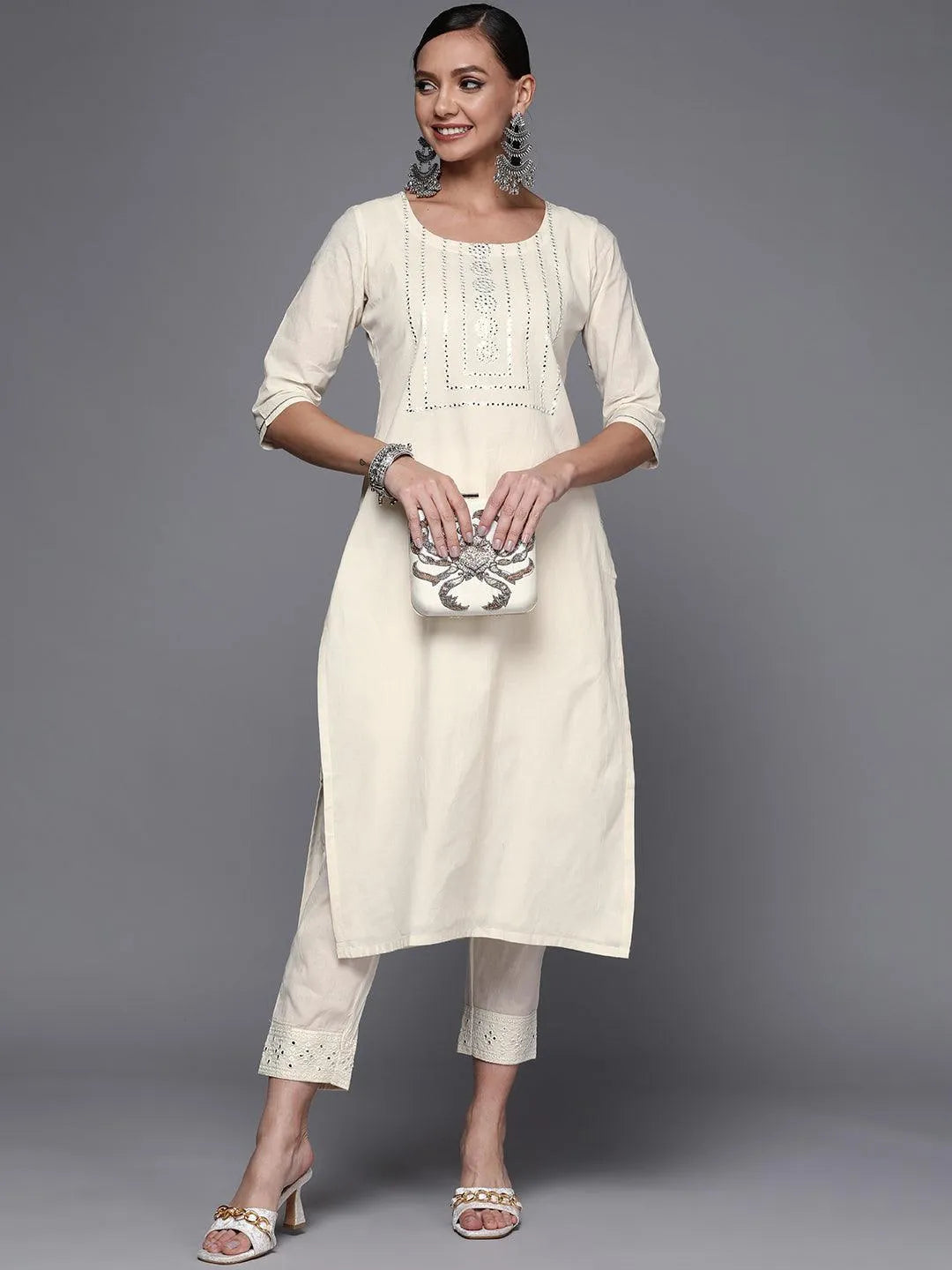 Off White Yoke Design Cotton Straight Kurta - Libas 