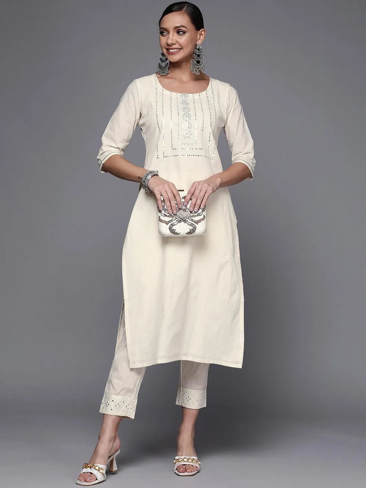 Off White Yoke Design Cotton Straight Kurta - Libas