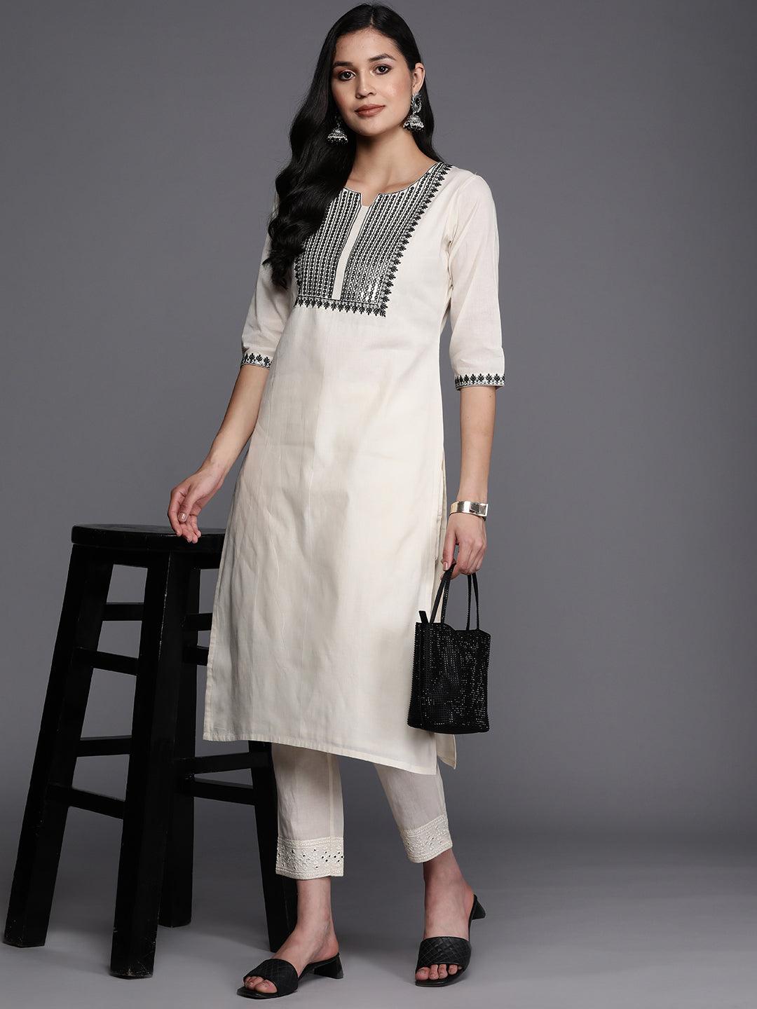 Off White Printed Cotton Straight Kurta - Libas 