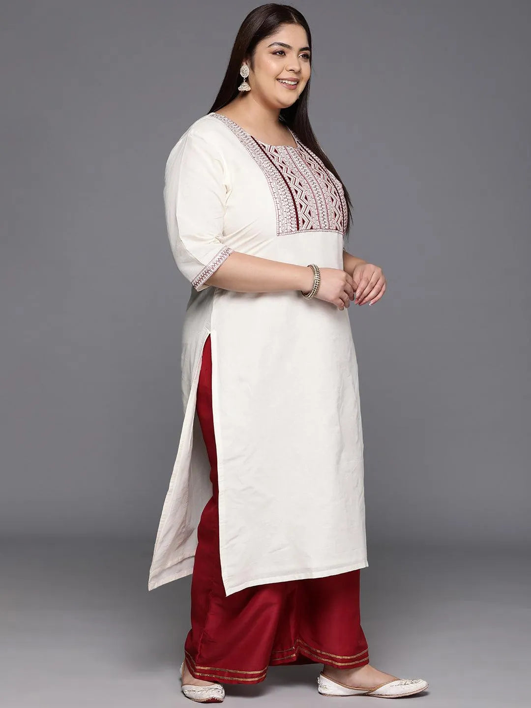 Off White Yoke Design Cotton Straight Kurta - Libas