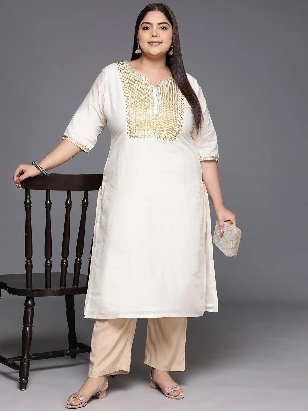 Off White Yoke Design Cotton Straight Kurta - Libas