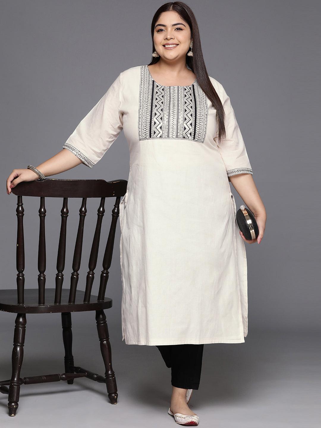 Off White Yoke Design Cotton Straight Kurta - Libas