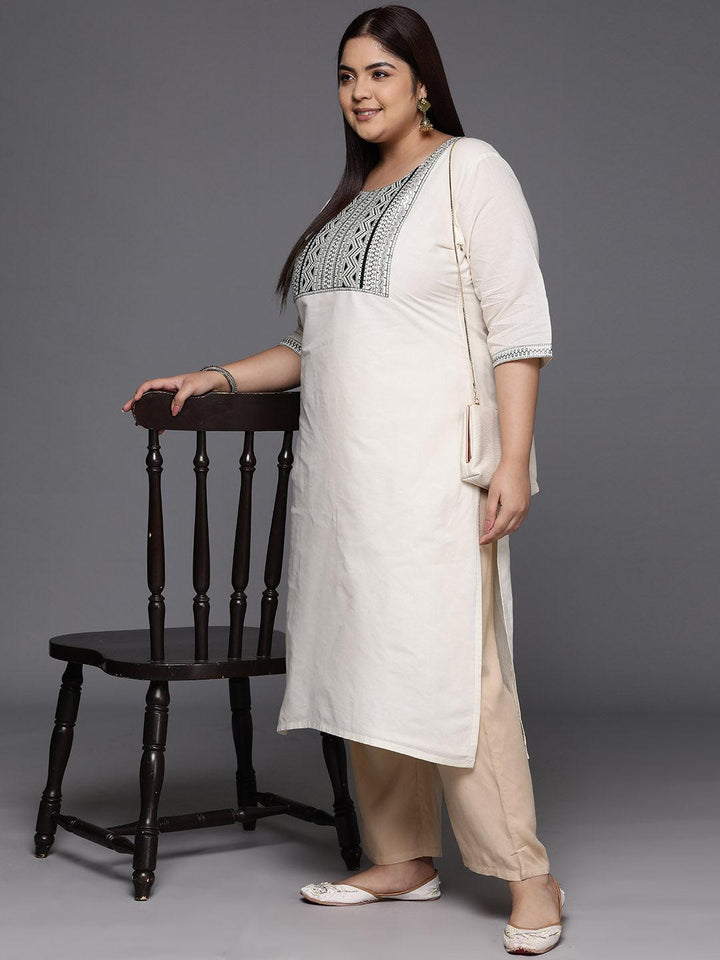 Off White Yoke Design Cotton Straight Kurta - Libas