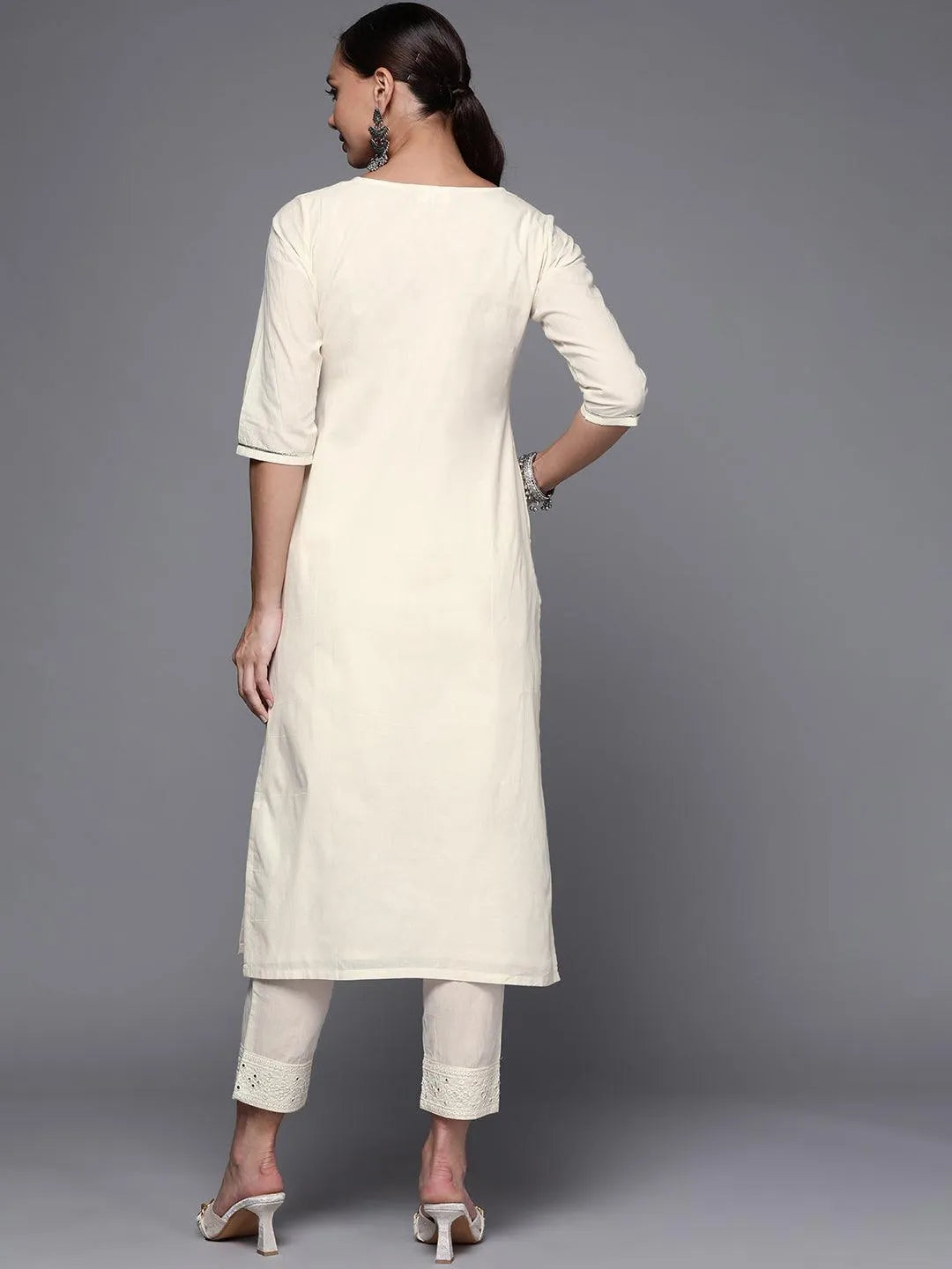 Off White Yoke Design Cotton Straight Kurta - Libas 