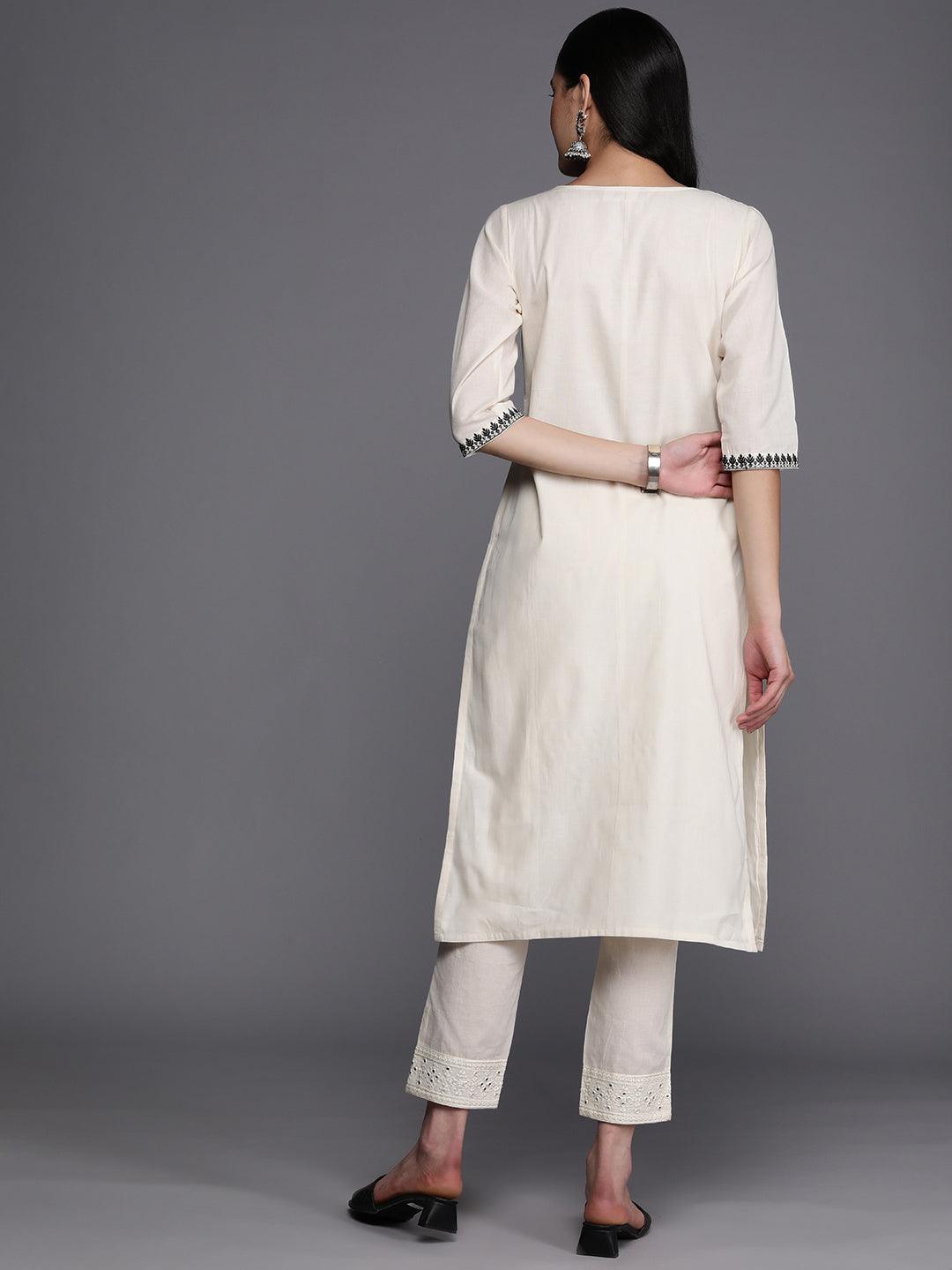 Off White Printed Cotton Straight Kurta - Libas 