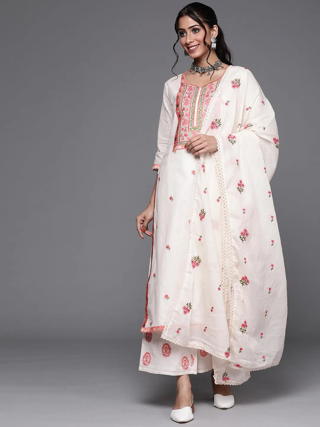 Off White Yoke Design Cotton Suit Set - Libas 