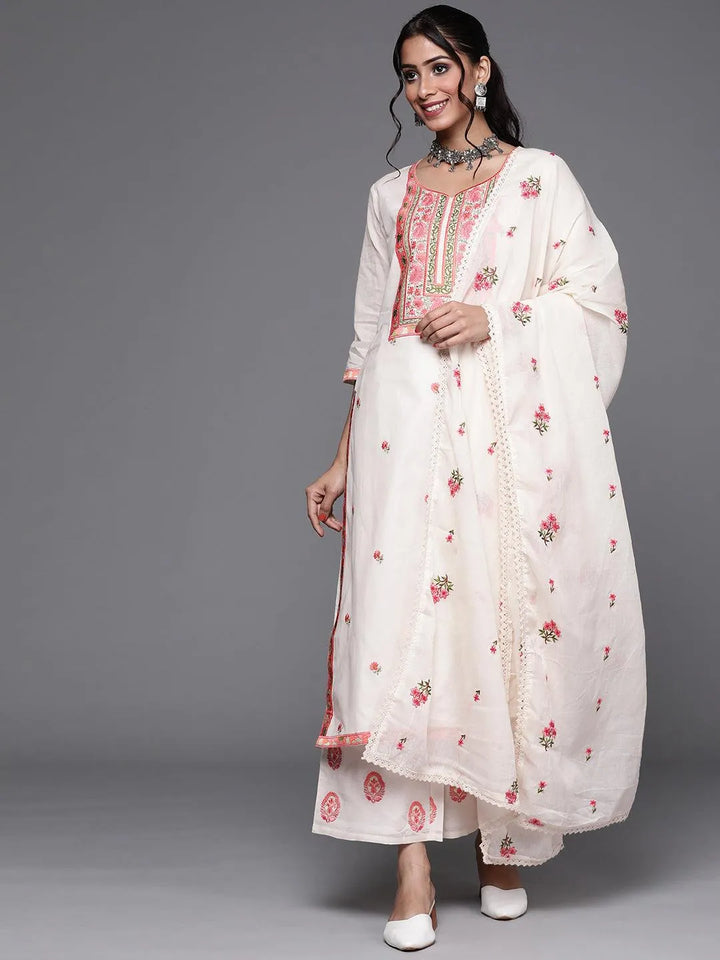 Off White Yoke Design Cotton Suit Set - Libas