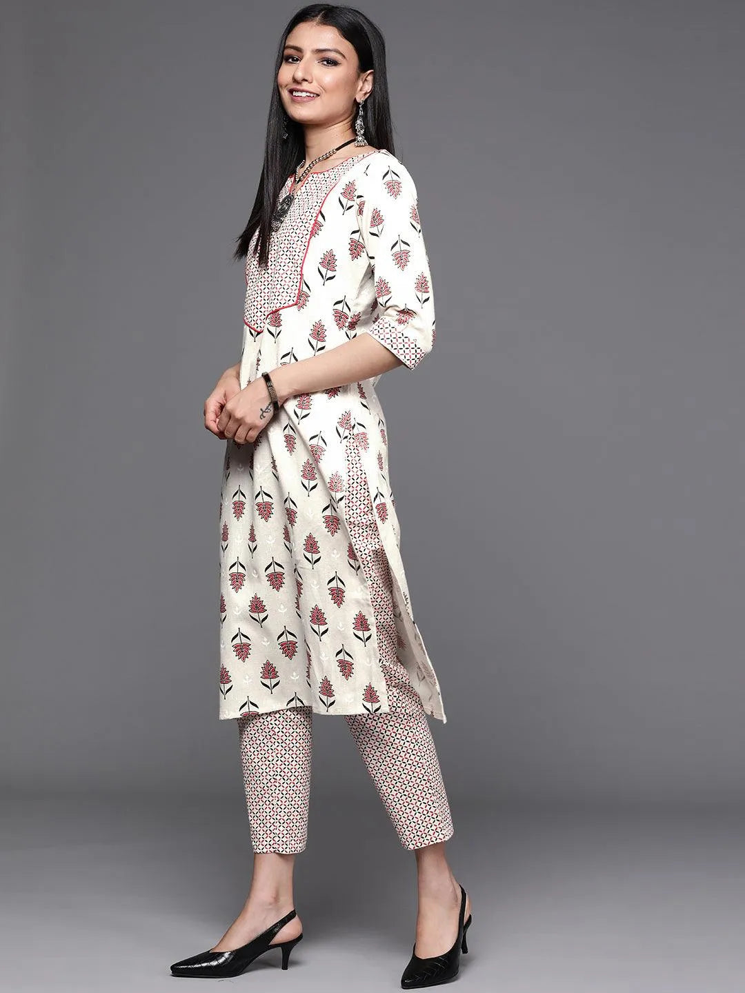 Off White Yoke Design Cotton Suit Set - Libas 