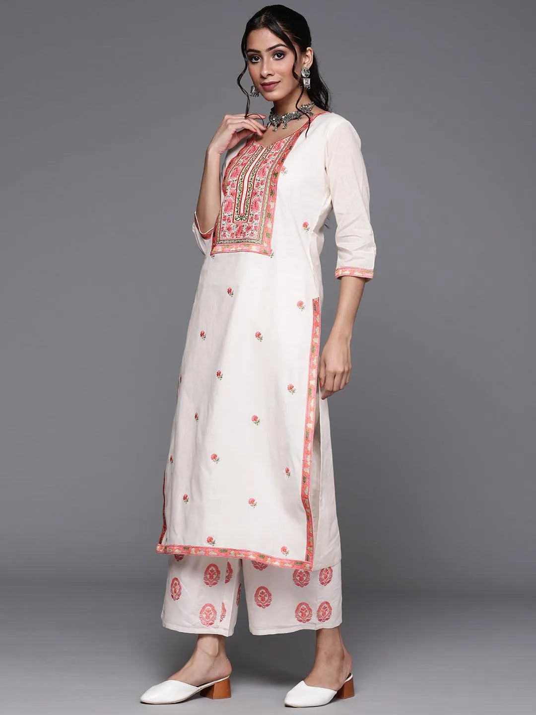 Off White Yoke Design Cotton Suit Set - Libas 