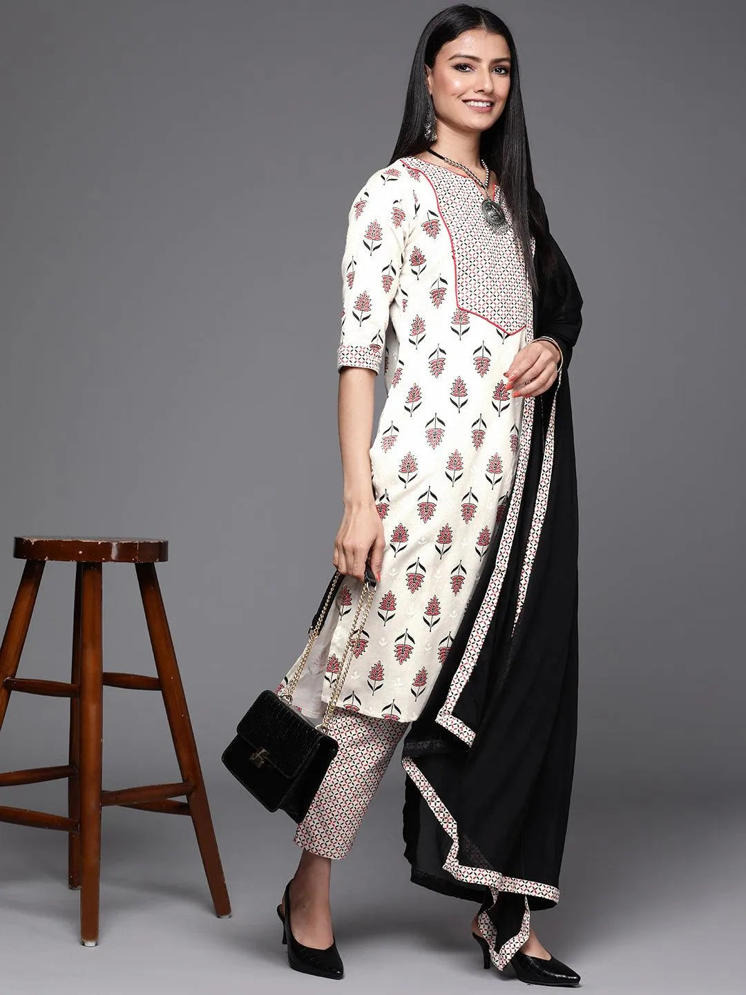 Off White Yoke Design Cotton Suit Set - Libas