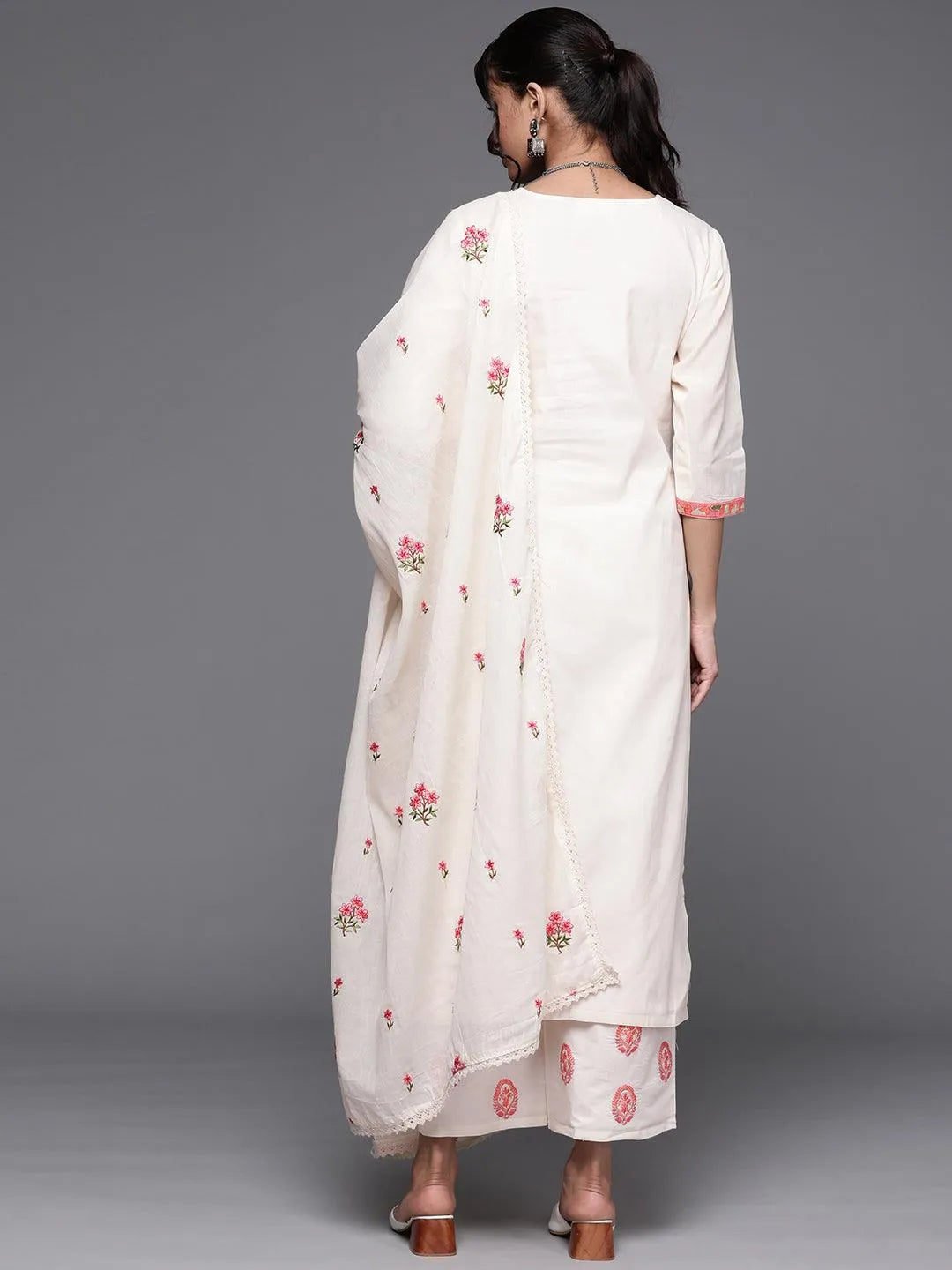 Off White Yoke Design Cotton Suit Set - Libas