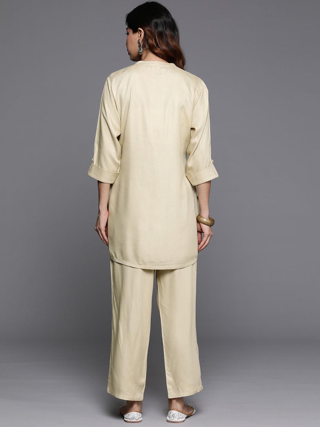 Off White Yoke Design Wool Blend Tunic With Trousers - Libas 