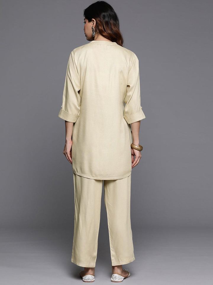 Off White Yoke Design Wool Blend Tunic With Trousers - Libas