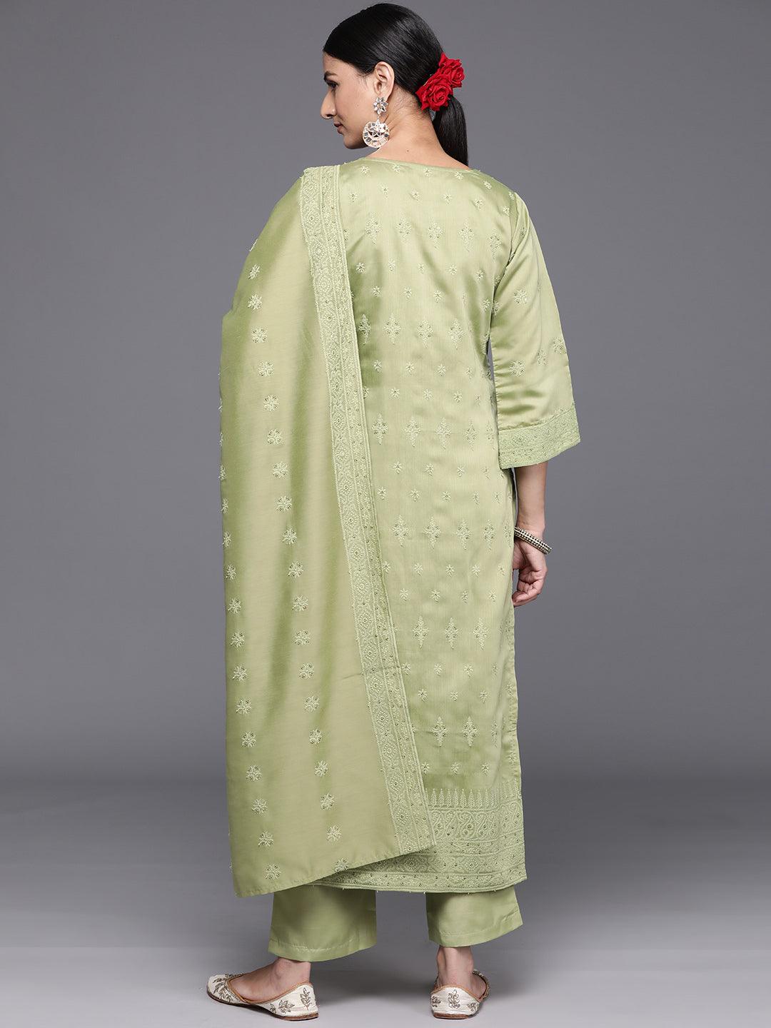 Olive Embroidered Chanderi Silk Straight Kurta With Trousers & Dupatta - Libas