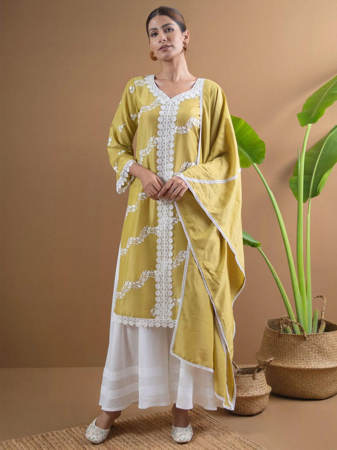 Olive Green Embroidered Cotton Suit Set - Libas