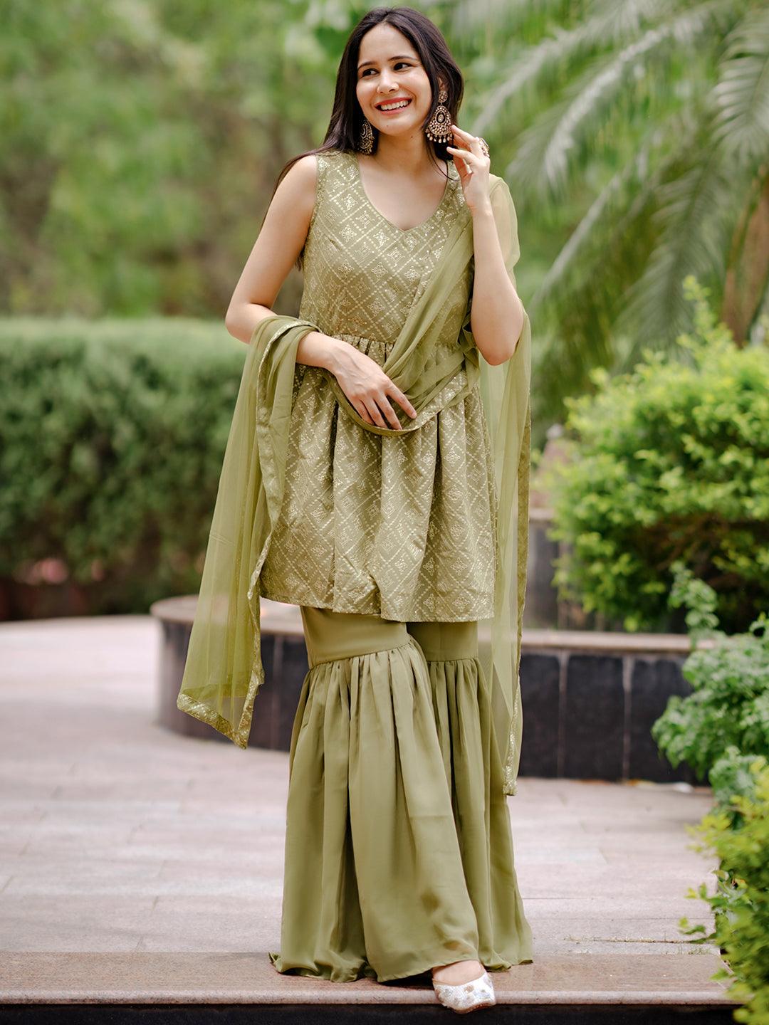 Olive Embroidered Georgette A-Line Kurta With Sharara & Dupatta - Libas 