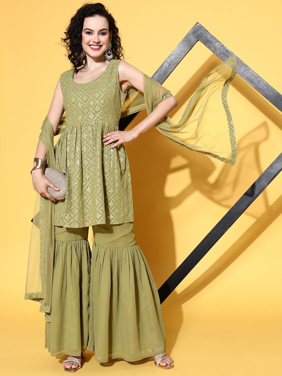 Olive Embroidered Georgette A-Line Kurta With Sharara & Dupatta - Libas