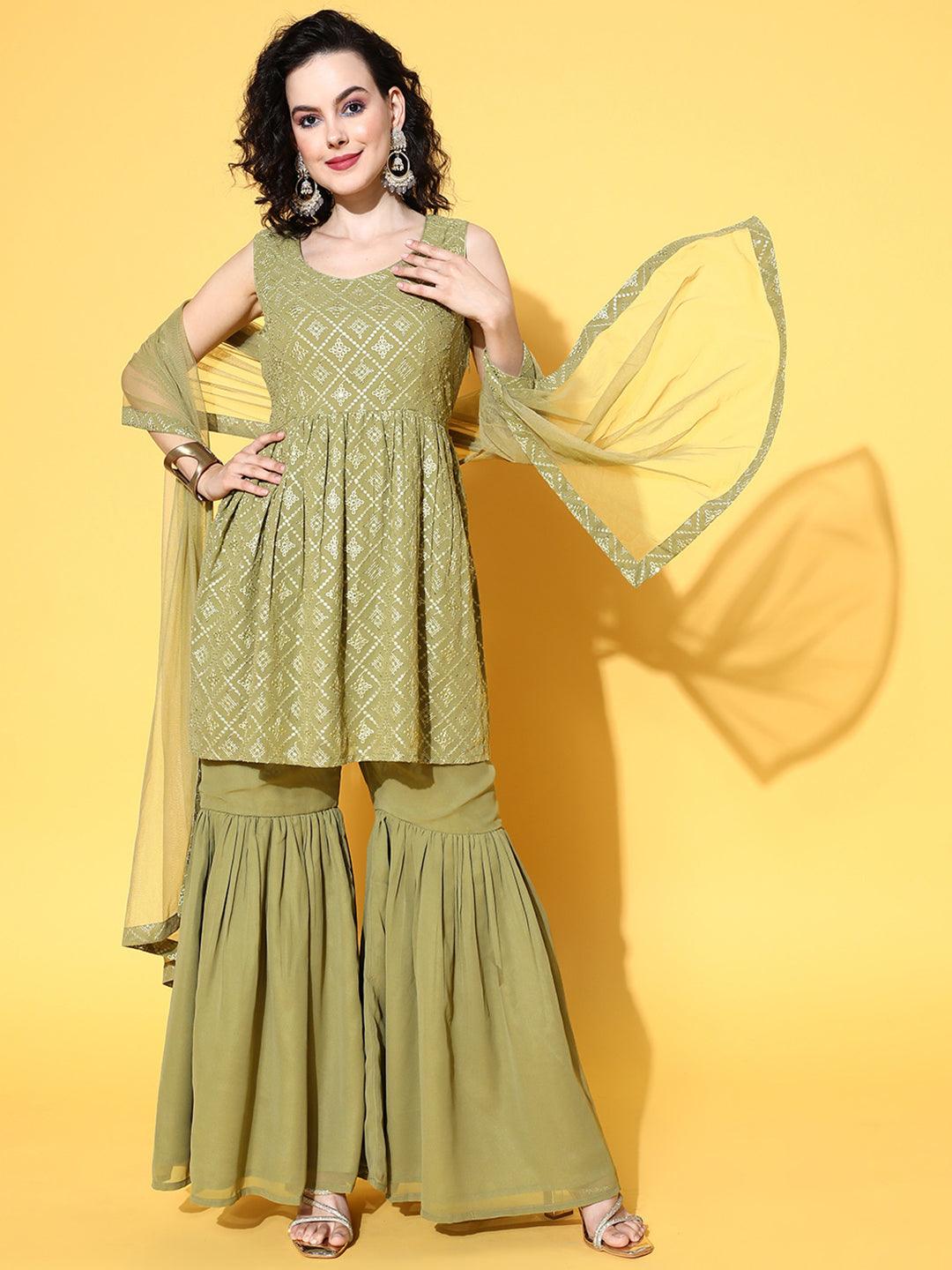 Olive Embroidered Georgette A-Line Kurta With Sharara & Dupatta - Libas 