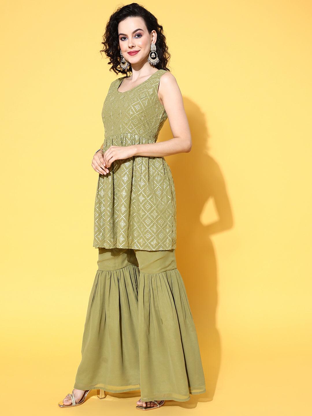 Olive Embroidered Georgette A-Line Kurta With Sharara & Dupatta - Libas 