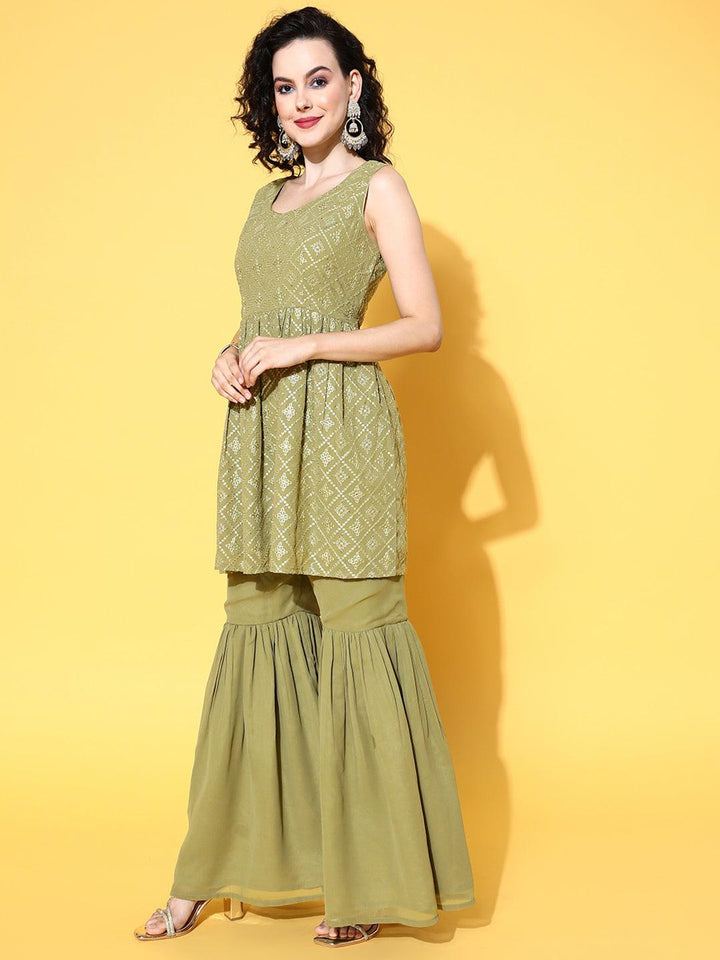 Olive Embroidered Georgette A-Line Kurta With Sharara & Dupatta - Libas