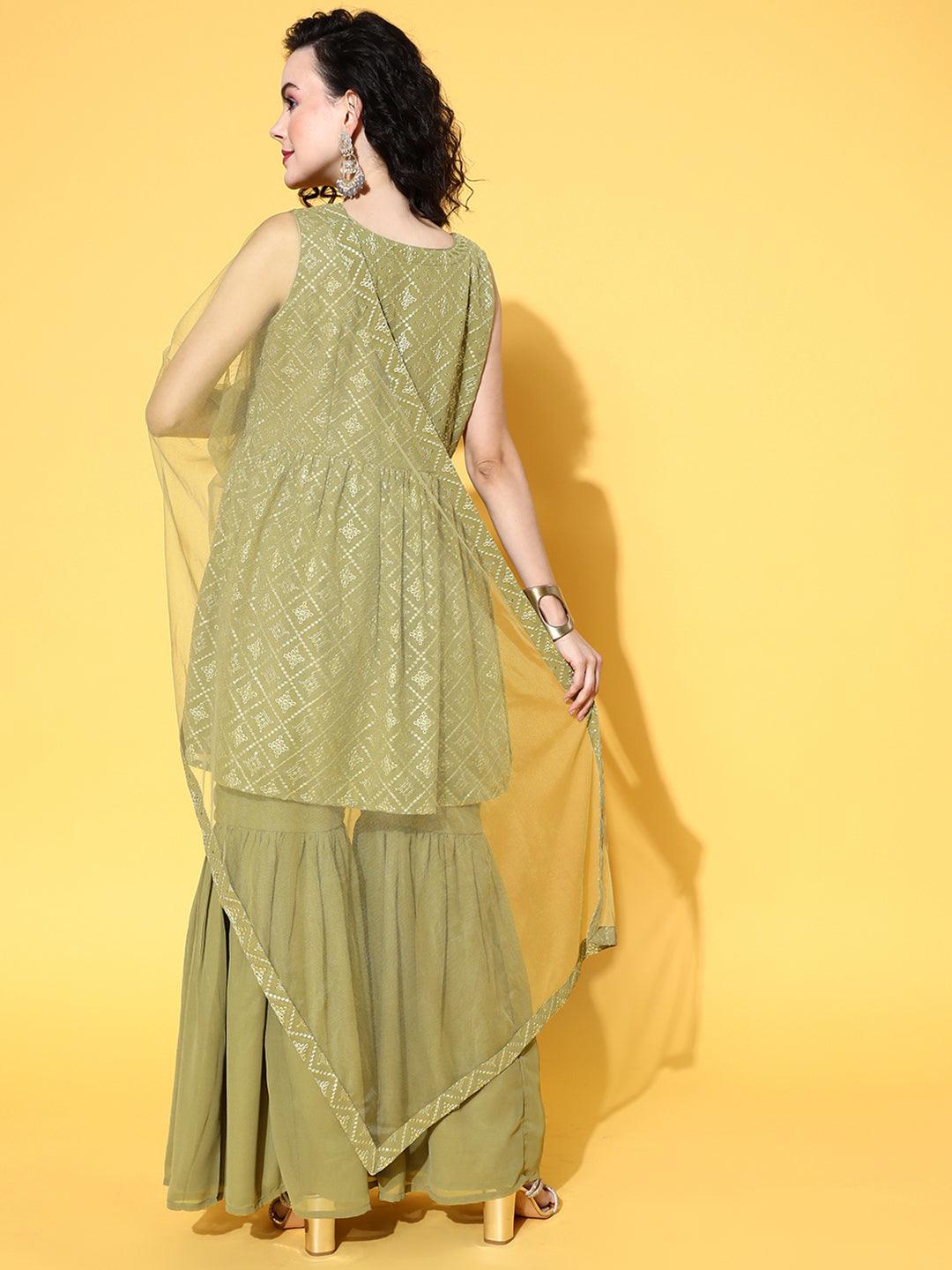 Olive Embroidered Georgette A-Line Kurta With Sharara & Dupatta - Libas 