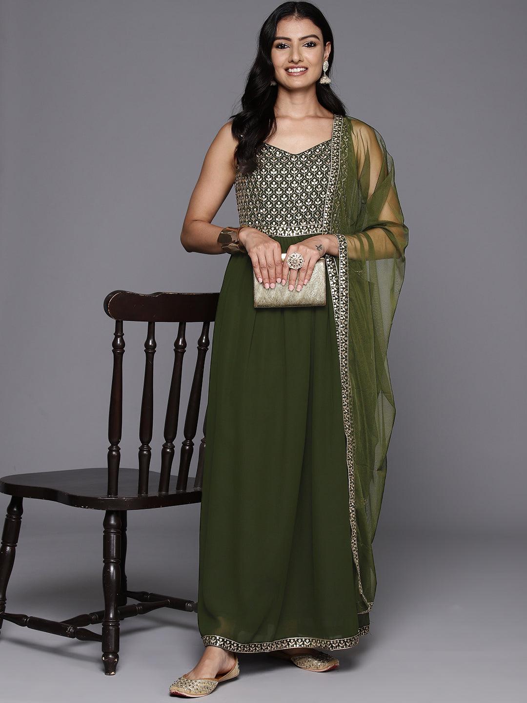 Olive Embroidered Georgette Anarkali Kurta With Trousers & Dupatta - Libas 