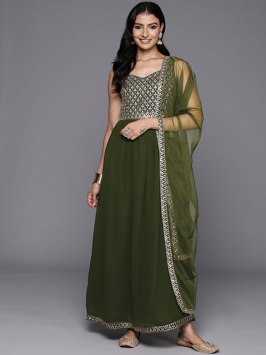 Olive Embroidered Georgette Anarkali Kurta With Trousers & Dupatta - Libas 