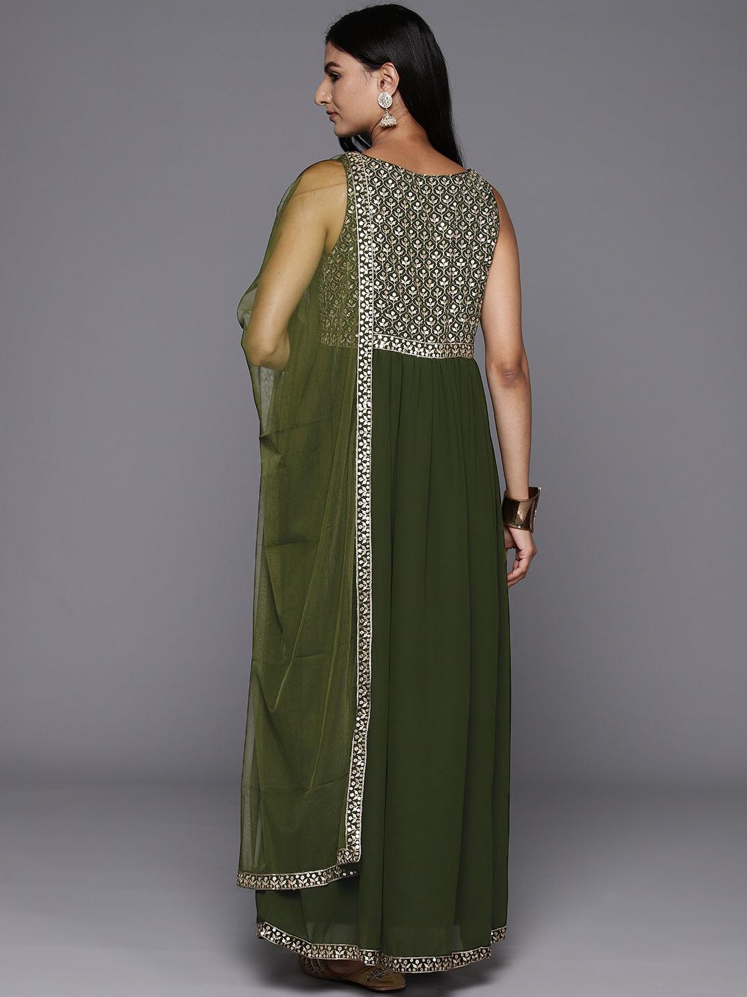 Olive Embroidered Georgette Anarkali Kurta With Trousers & Dupatta - Libas 