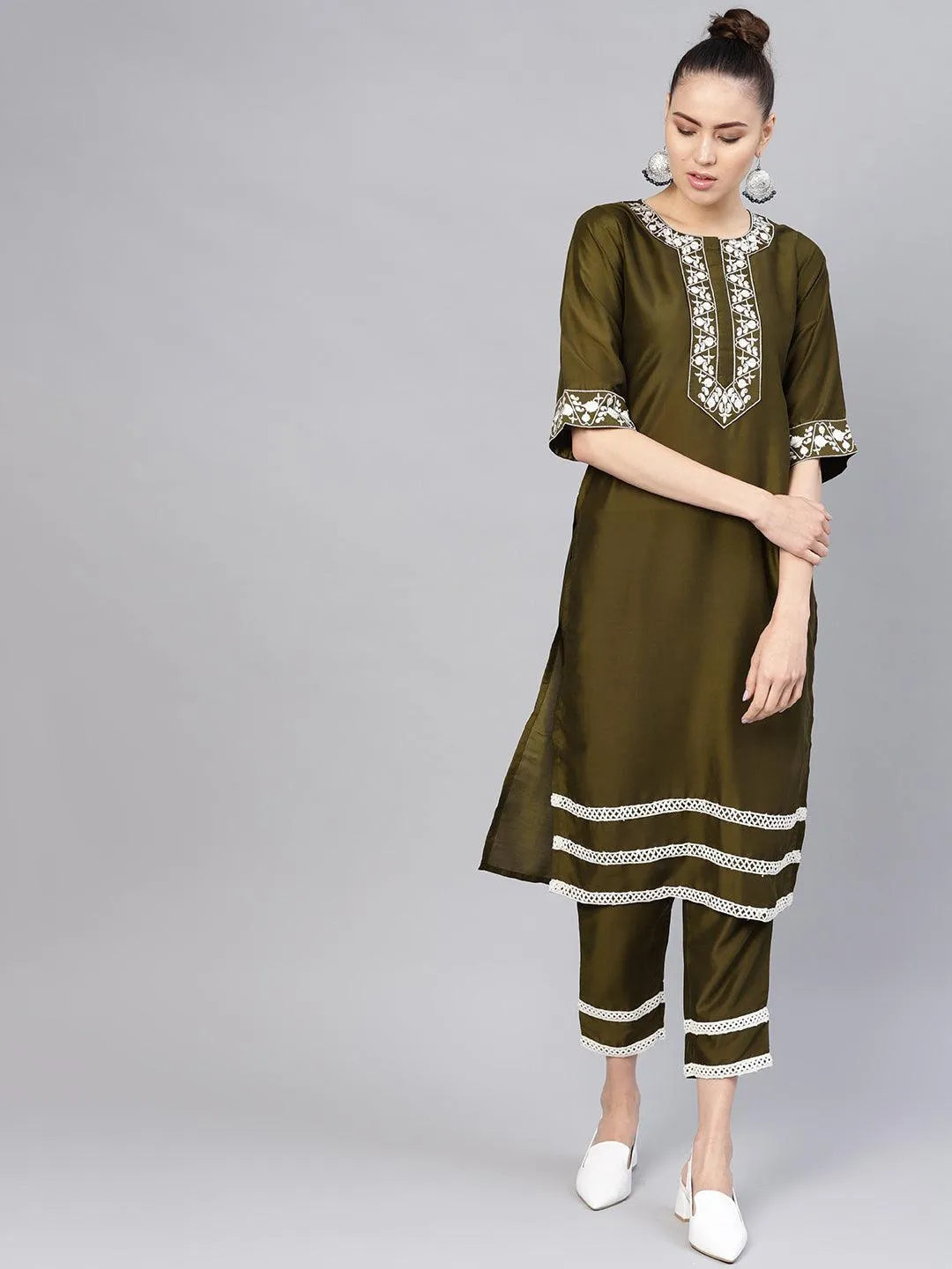 Olive Embroidered Polyester Kurta Set - Libas