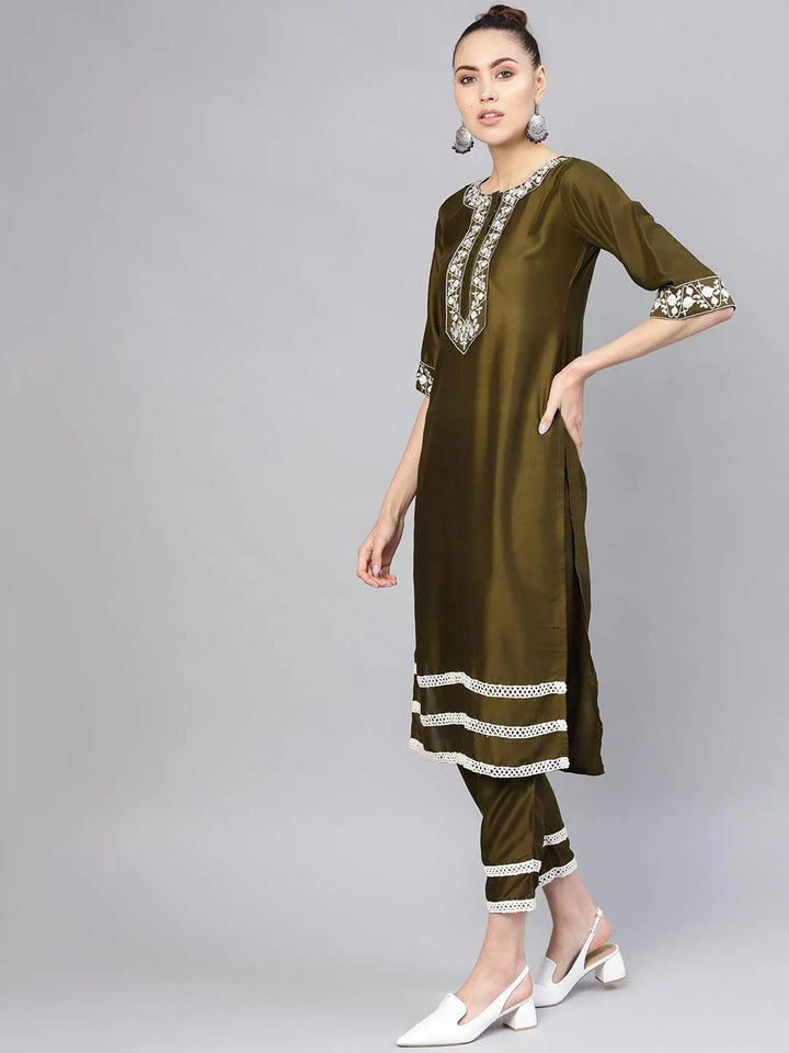 Olive Embroidered Polyester Kurta Set - Libas