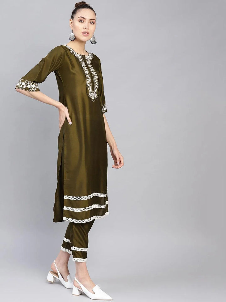 Olive Embroidered Polyester Kurta Set - Libas