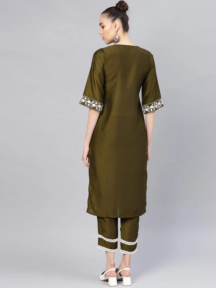 Olive Embroidered Polyester Kurta Set - Libas