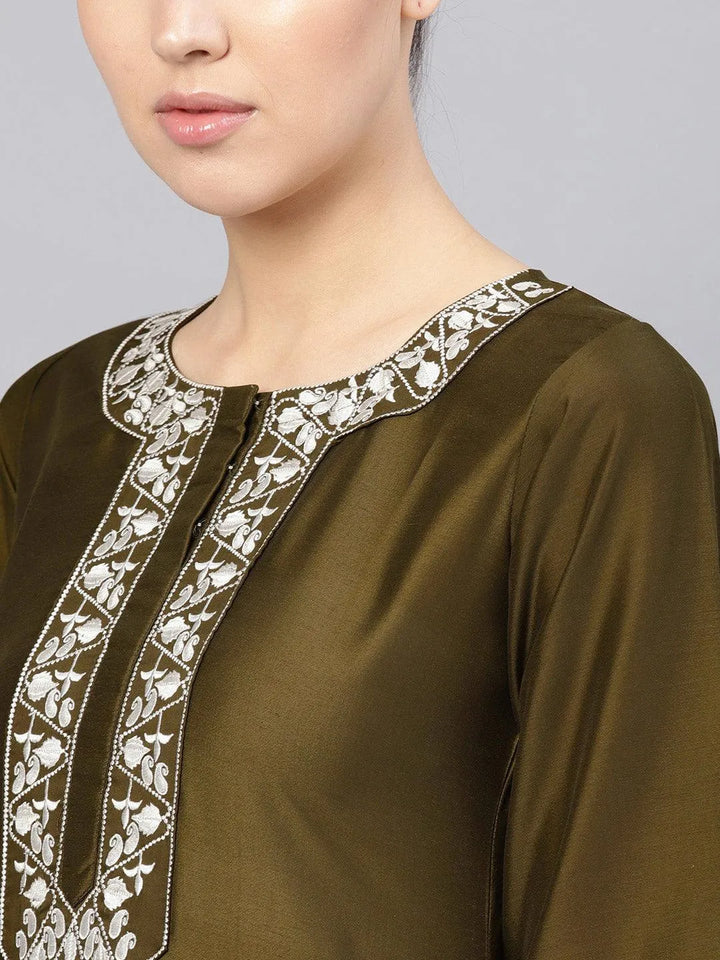 Olive Embroidered Polyester Kurta Set - Libas