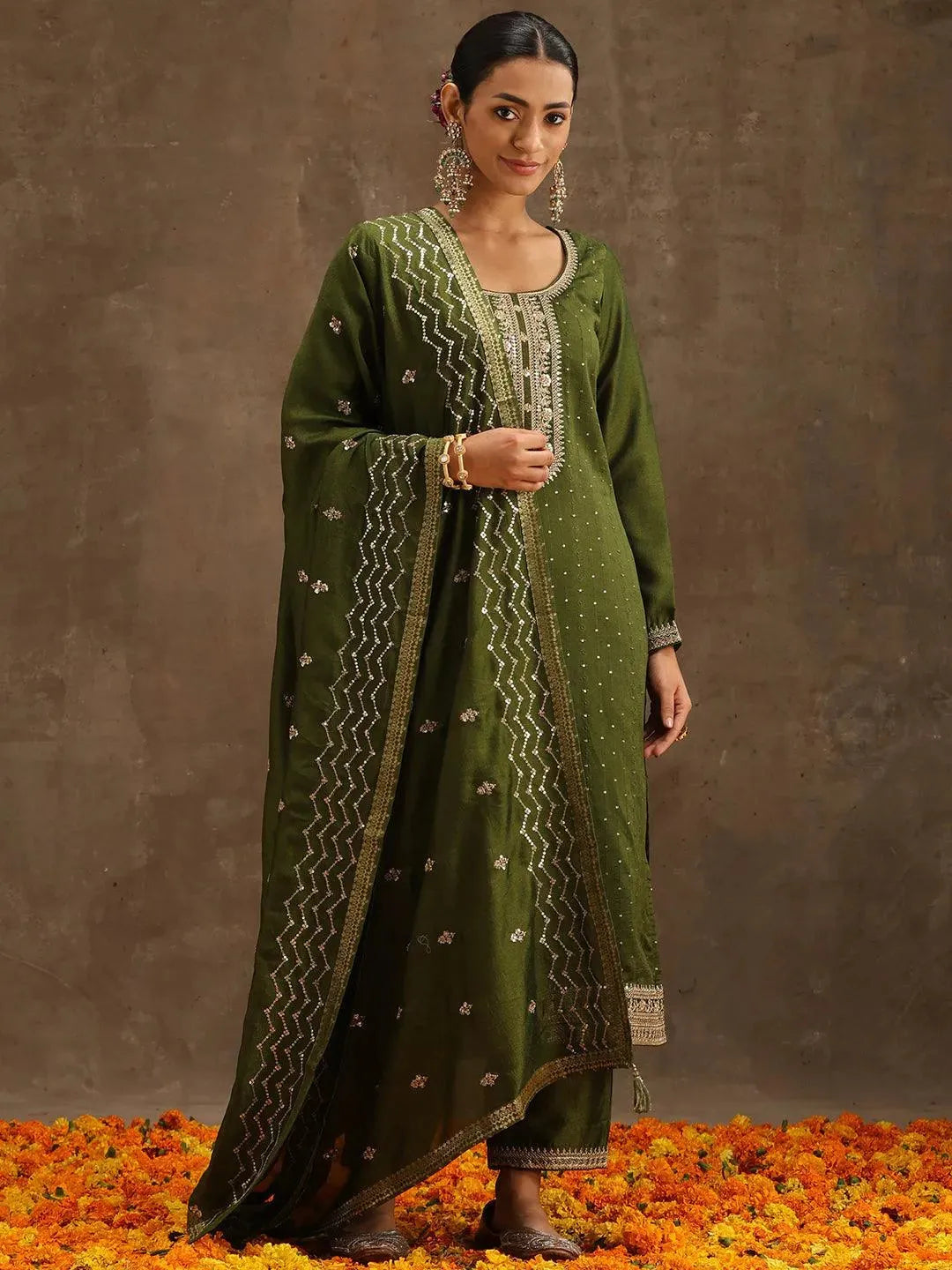 

Olive Embroidered Silk Blend Straight Kurta With Trousers & Dupatta