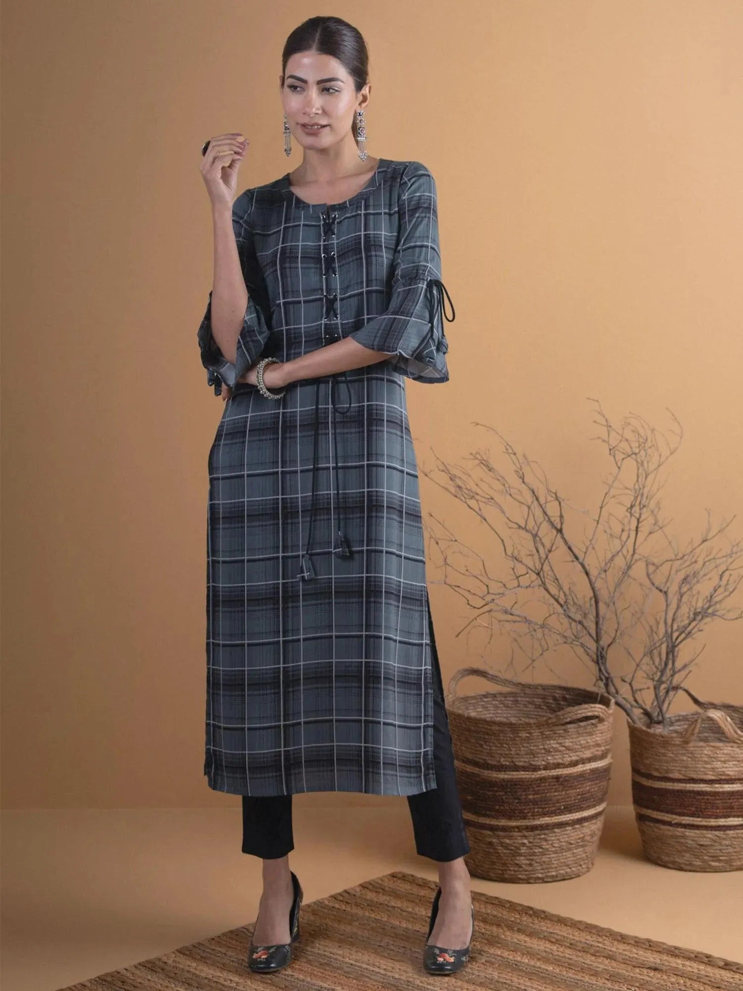 

Buy Olive Green Checkered Rayon Kurta - 4834- | Libas Ethnic Wear Online