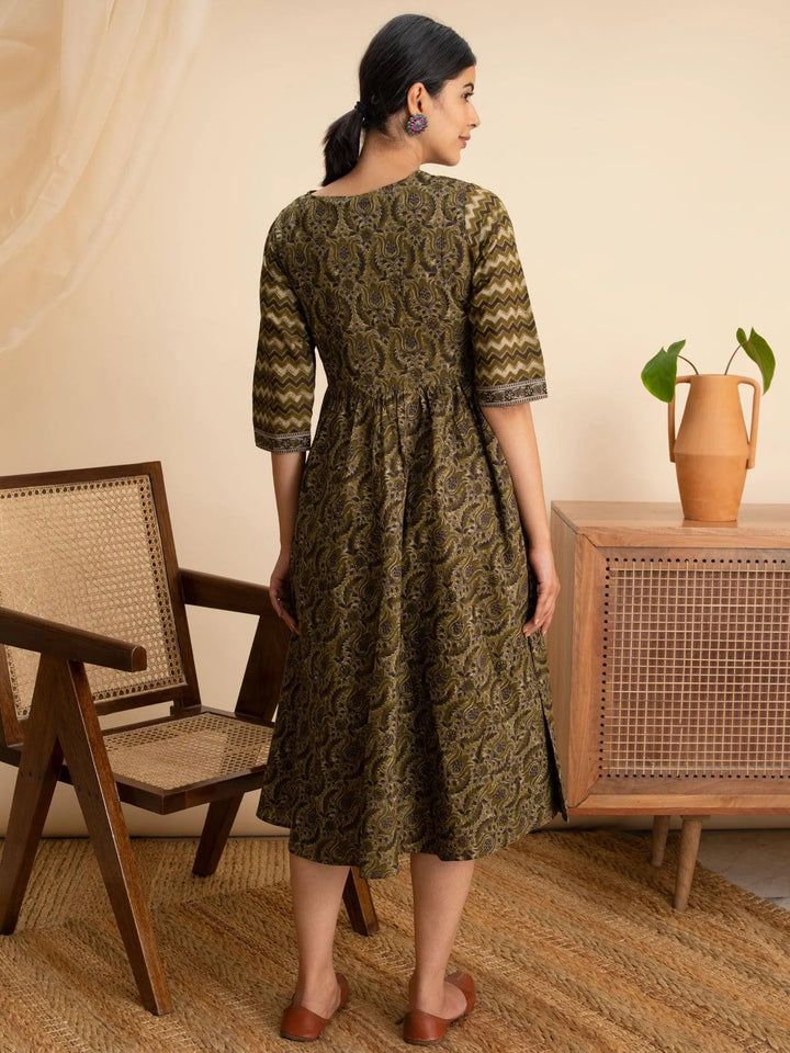 Olive Green Printed Cotton Dress - Libas