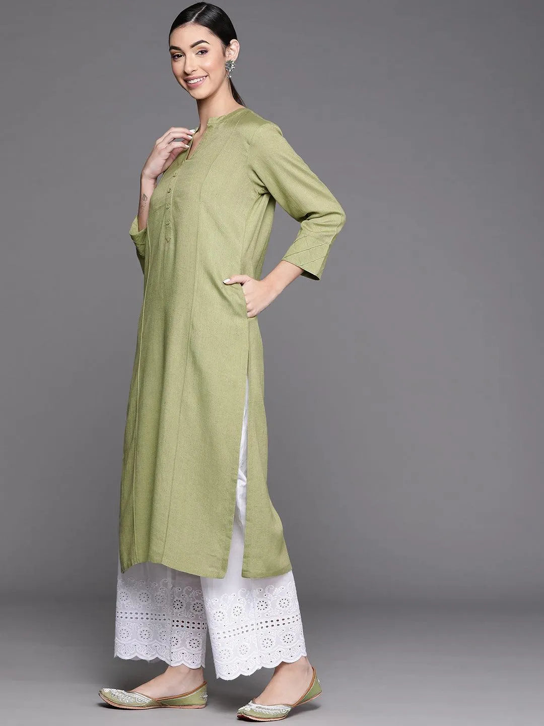 Olive Green Solid Cotton Kurta - Libas 